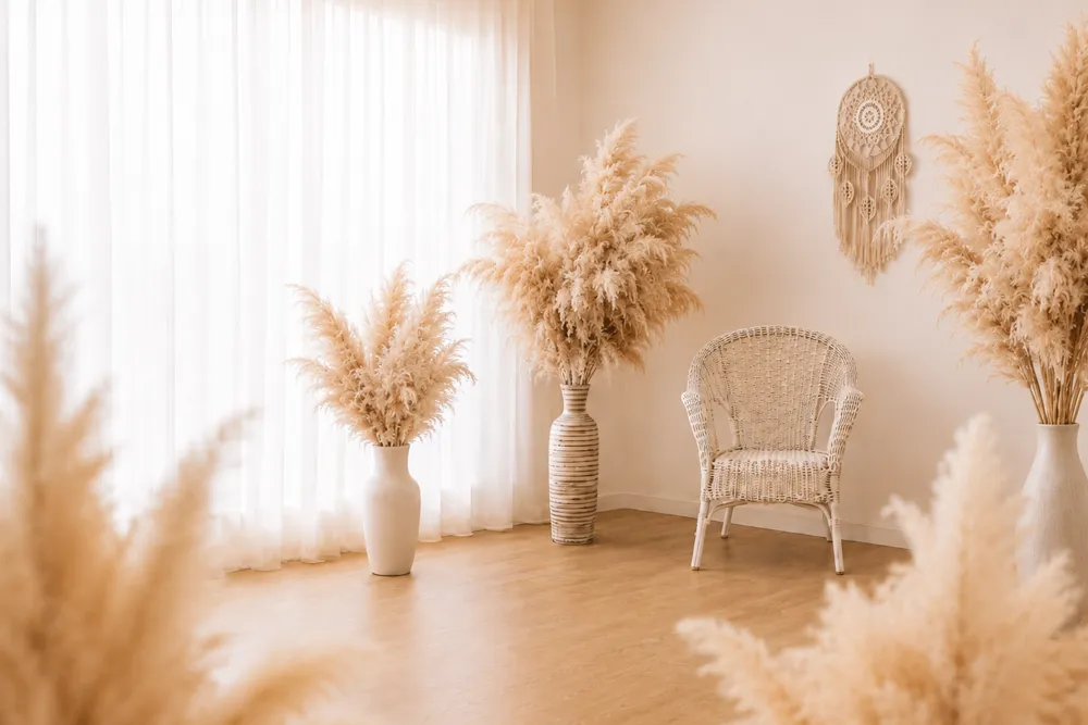 Boho scéna s pampasovou trávou pripravená na tehotenské fotenie v Bratislave