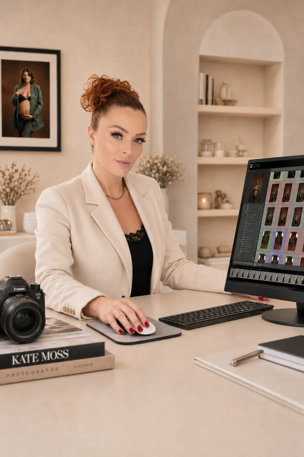 Moni Kucharová pri úprave tehotenských fotografií v Adobe Lightroom
